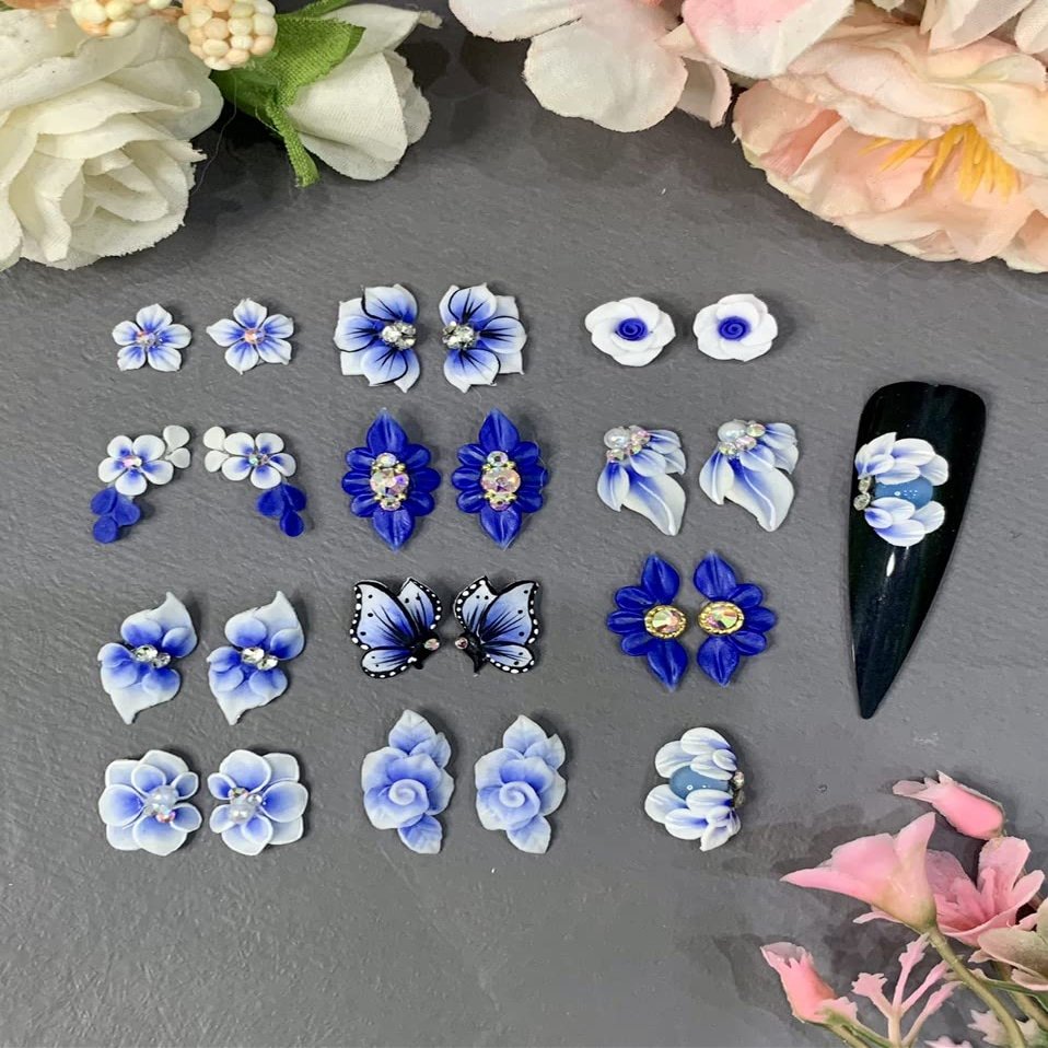 3D Acrylic Flower Nail Art Charms Handmade by Acrylic Powder - 15 colors, 24pcs Flowers Nail Rhinestones Kit 3D Crystal Nail Pearls Flat Design Acrylic Nail Art for Women Girls (Cobalt), 24.0 Count