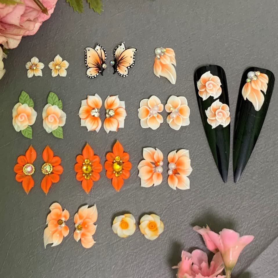 3D Acrylic Flower Nail Art Charms Handmade by Acrylic Powder - 15 colors, 24pcs Flowers Nail Rhinestones Kit 3D Crystal Nail Pearls Flat Design Acrylic Nail Art for Women Girls (Orange)