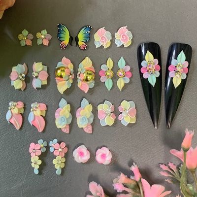 3D Acrylic Flower Nail Art Charms Handmade by Acrylic Powder - 15 colors, 24pcs Flowers Nail Rhinestones Kit 3D Crystal Nail Pearls Flat Design Acrylic Nail Art for Women Girls (Pastel)