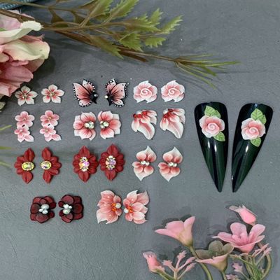 3D Acrylic Flower Nail Art Charms Handmade by Acrylic Powder - 15 colors, 24pcs Flowers Nail Rhinestones Kit 3D Crystal Nail Pearls Flat Design Acrylic Nail Art for Women Girls (Red)