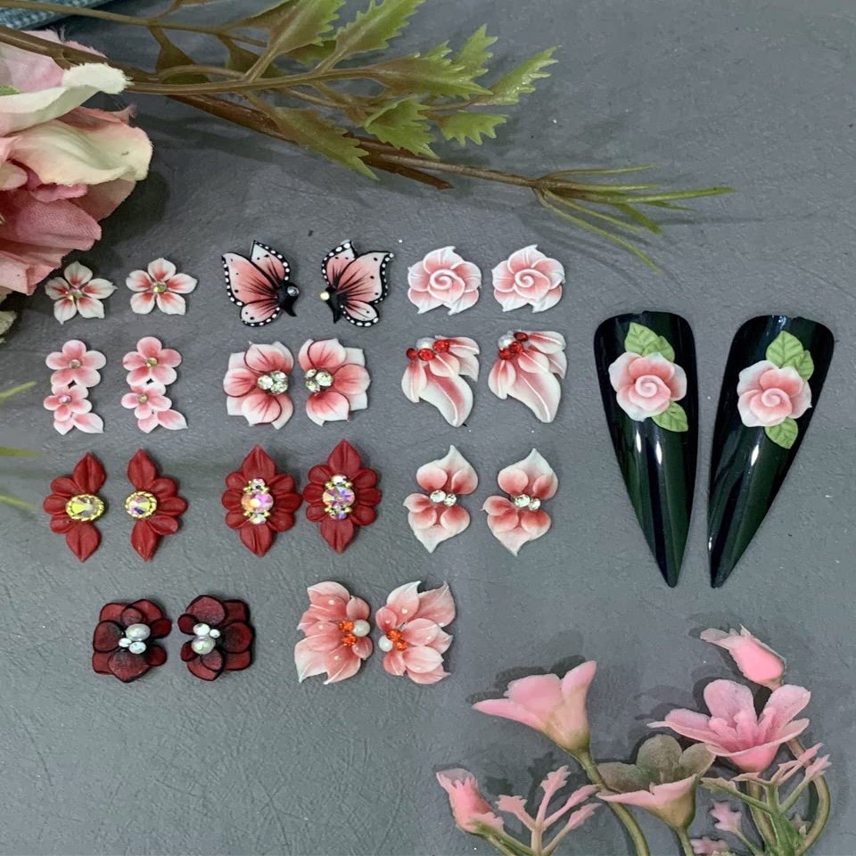 3D Acrylic Flower Nail Art Charms Handmade by Acrylic Powder - 15 colors, 24pcs Flowers Nail Rhinestones Kit 3D Crystal Nail Pearls Flat Design Acrylic Nail Art for Women Girls (Red)