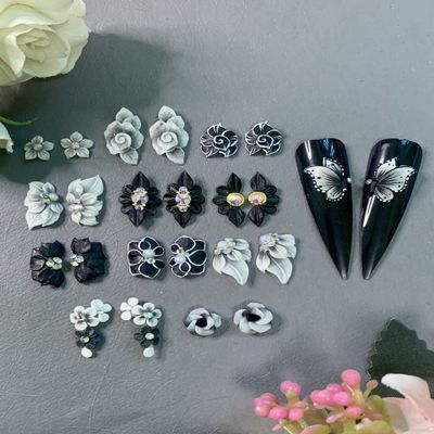 3D Acrylic Flower Nail Art Charms Handmade by Acrylic Powder - 15 colors, 24pcs Flowers Nail Rhinestones Kit 3D Crystal Nail Pearls Flat Design Acrylic Nail Art for Women Girls (Black)