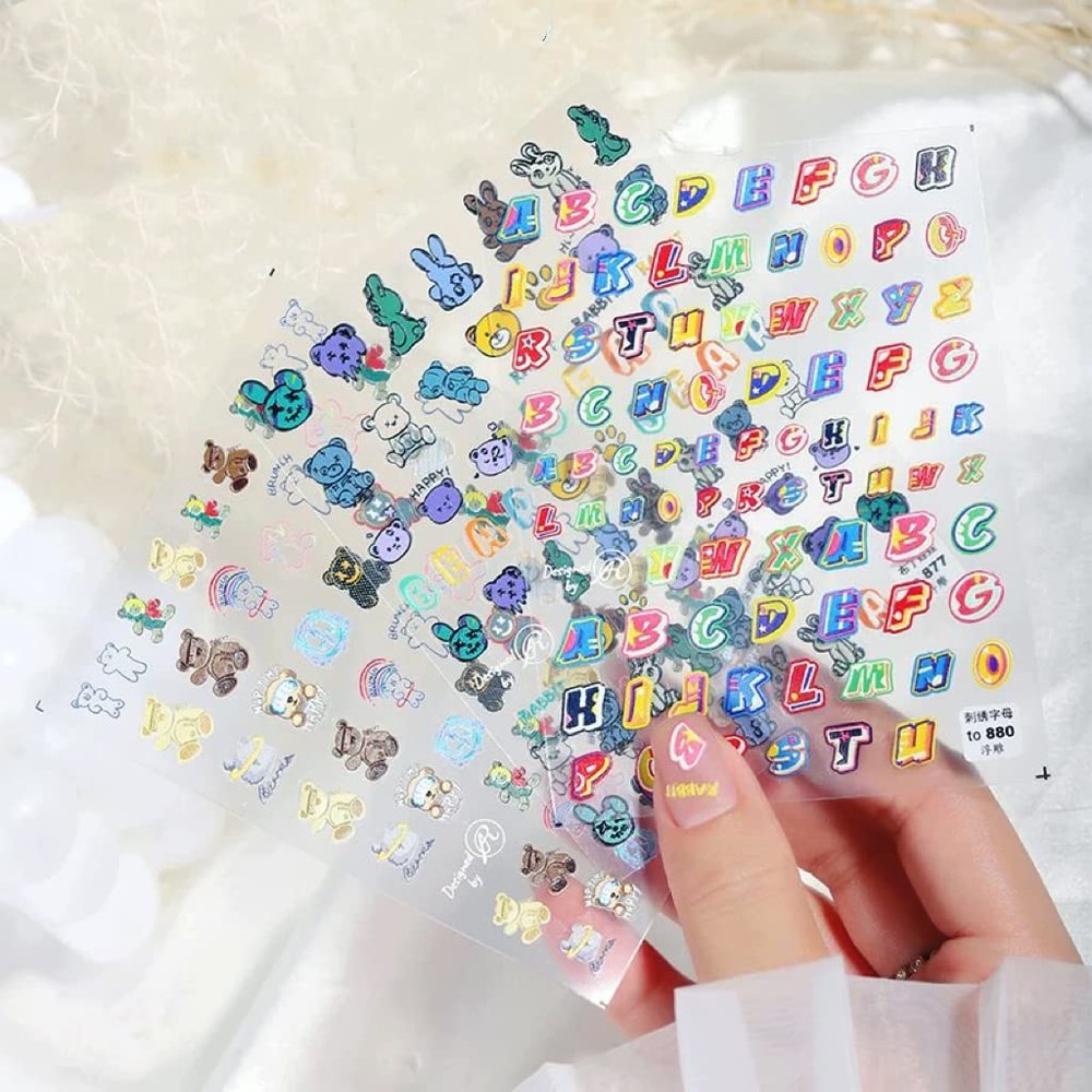 Dedyel New 5D Embossed Embroidered Letters Graffiti Bear Baby Nail Art Sticker Decals Pudding Bear Graffiti Letters Self-Adhesive Nail Art Stickers for Nail Art DIY Decorations (3 Sheets)