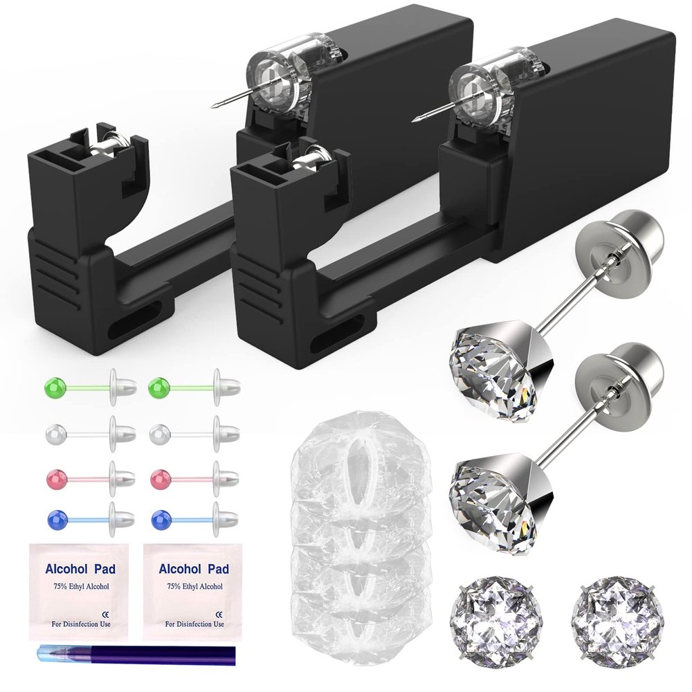KAIQIKAIXI 19Pcs Ear Piercing Kit Disposable Sterile Ear Piercing Kit Painless Ear Piercing Gun Tool with CZ Size 5 mm Silver Earring Studs (Silver, 5mm)