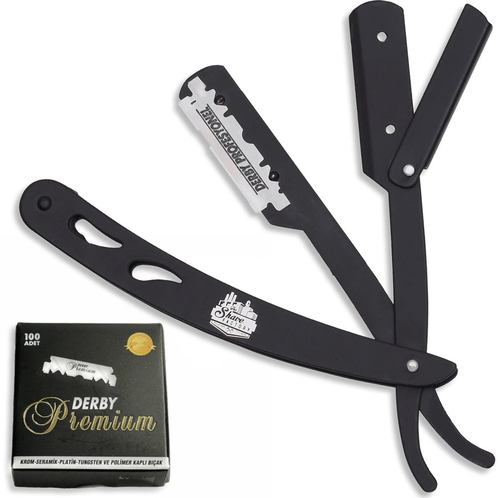 The Shave Factory Straight Edge Razor Kit - with Single Stainless Steel razors for men from (Black, Derby Premium Single Edge)