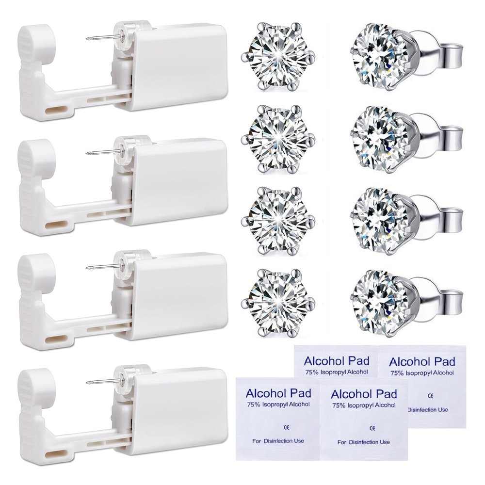 TC-SMAR 4 Pack Disposable Ear Piercing Gun Kit With Built-in transparent Cubic Zirconia Ear Studs