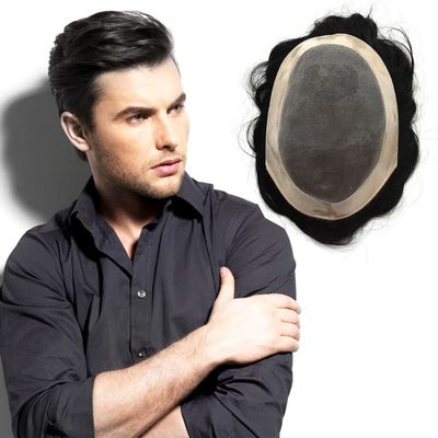 Fine Mono Durable Men's Toupee - Fine Lace Mono Black Hair Replacement Unit, European Remy Human Hair System for Men, Monofilament Center with NPU Around Base Toupee for Men (8x10, 1# JET BLACK-110% light to medium density)