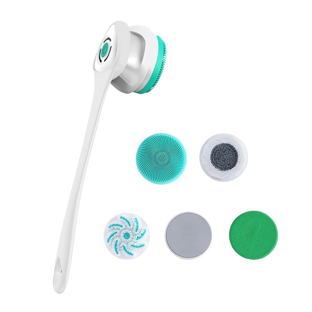 AZKSUN Electric Shower Brush, Body Scrubber, Facial Brush, Exfoliate, with 5 Shower HeadsWhite