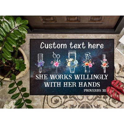 Personalized Welcome Hair Salon Beauty Salon Doormat - Custom Text Door Mat, She Works Willingly with Her Hands Front Door Rug, Accessories & Decorations, Non-Slip Decor Gift, 16 x 24 inches