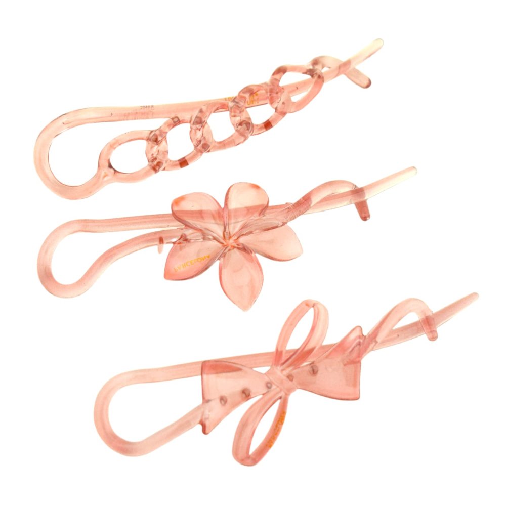 Parcelona French Twist n Clip Flower, Bow and Chain 4" Celluloid Set of 3 Metal Free Hair Barrette Non Slip Fashion Durable Styling Women Hair Accessories, Made in France (Crystal Pink)