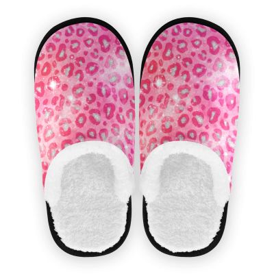 Dussdil Pink Silver Sparkling Leopard Spa Slippers Cheetah Womens Mens Slippers Home Spa Slippers Memory Foam Closed Toe Slipper Non Slip for House Hotel Bedroom Travel Shoes M