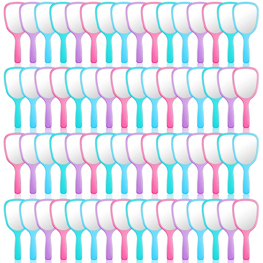 60 Pcs 7.09 x 3.14 Inch Hand Handheld Mirror with Handle Plastic Compact Travel Makeup Cosmetic Mirror Small Personal Portable Hand Held Mirror for Home Vanity Camping (Green, Pink, Blue, Purple)