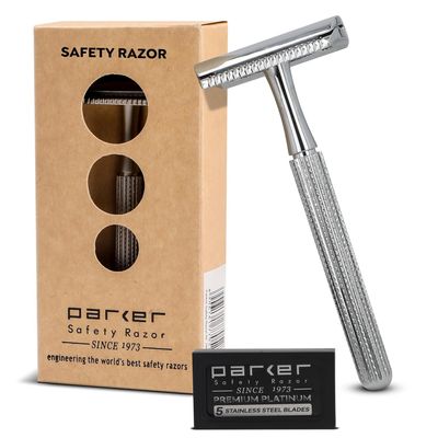 Parker 78R Double Edge Safety Razor with 5 Safety Razor Blades, Women & Mens Safety Shaving Razor, Reusable Razor, Plastic Free CHROME
