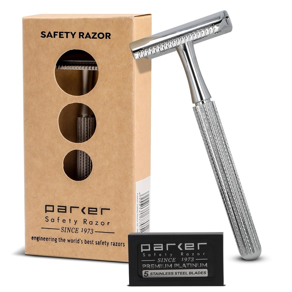 Parker 78R Double Edge Safety Razor with 5 Safety Razor Blades, Women & Mens Safety Shaving Razor, Reusable Razor, Plastic Free  CHROME