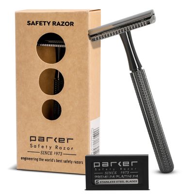 Parker 78R Double Edge Safety Razor with 5 Safety Razor Blades, Women & Mens Safety Shaving, Reusable, Plastic-Free Graphite