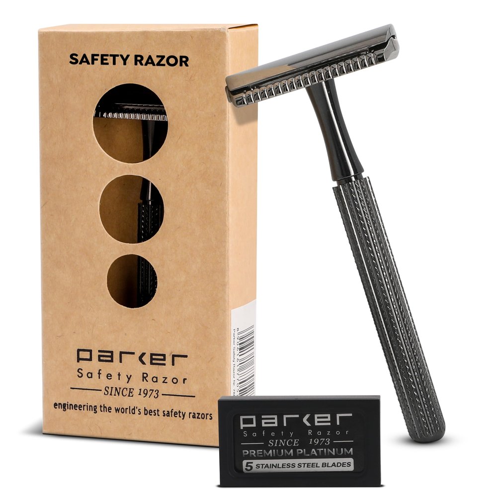 Parker 78R Double Edge Safety Razor with 5 Safety Razor Blades, Women & Mens Safety Shaving, Reusable, Plastic-Free  Graphite
