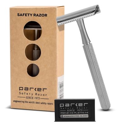 Parker 78R Double Edge Safety Razor with 5 Safety Razor Blades, Women & Mens Safety Shaving Razor, Reusable, Plastic Free Satin Chrome