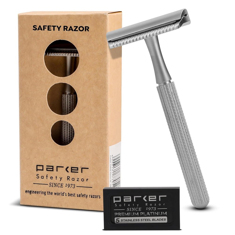 Parker 78R Double Edge Safety Razor with 5 Safety Razor Blades, Women & Mens Safety Shaving Razor, Reusable, Plastic Free  Satin Chrome