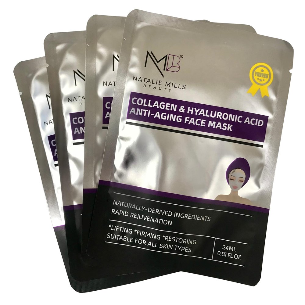 Natalie Mills Collagen & Hyaluronic Acid Anti-Aging SILK Face Mask - 4pcs