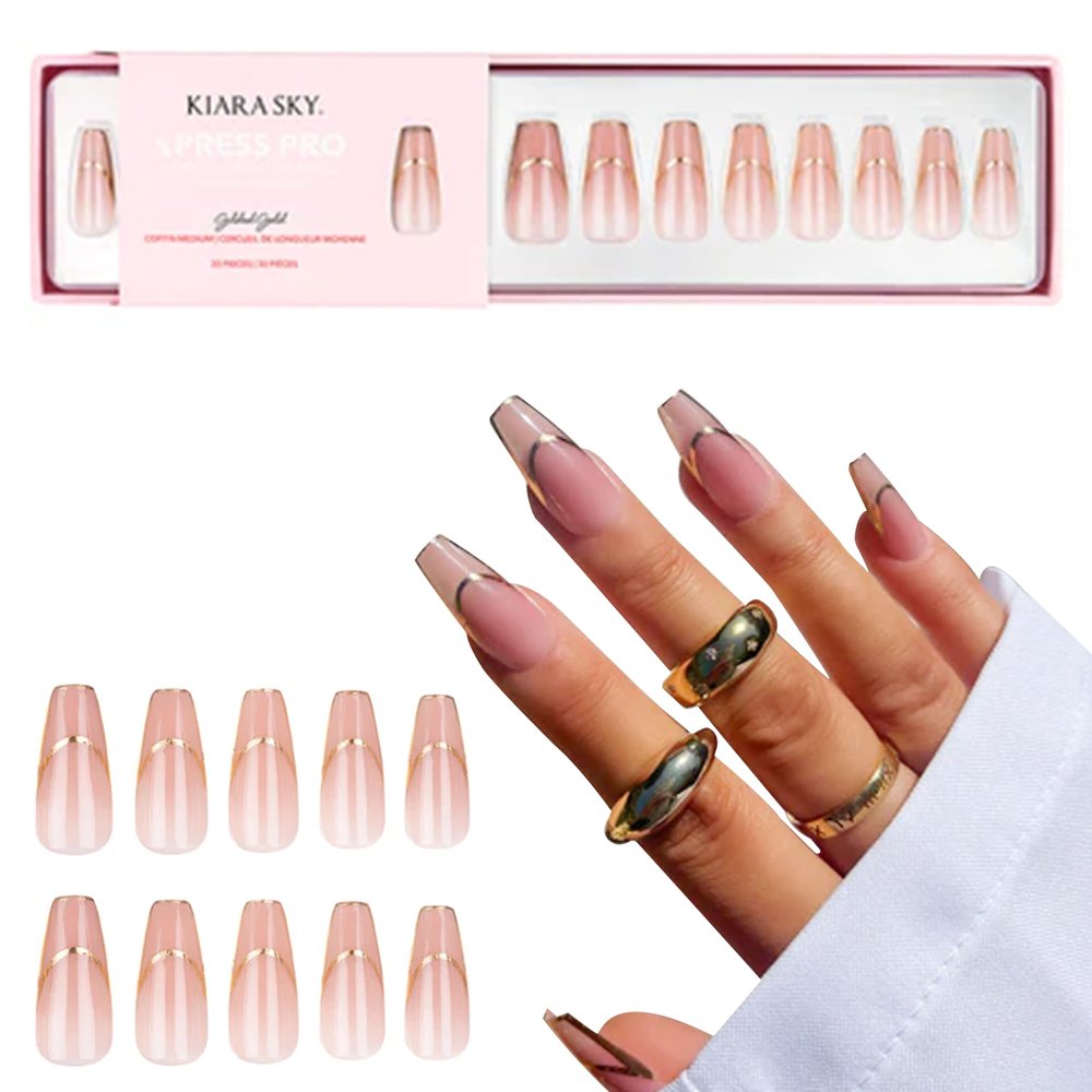 Kiara Sky Press On Nails | XPRESS PRO 100% Acrylic Nails | 30-Piece Kit Includes Nail Glue, Cuticle Pusher, File & Prep Pad | Medium Coffin - Gilded Gold