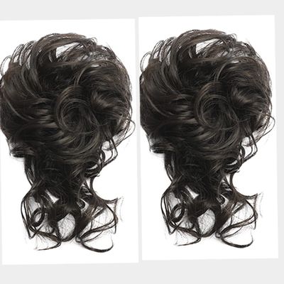 2PCS Messy Bun Hair Piece, QIAORUIXIN Super Long Tousled Updo Hair Bun Extensions Wavy Wrap Ponytail Hairpieces Scrunchies with Elastic Band for Women Girls Nature Black