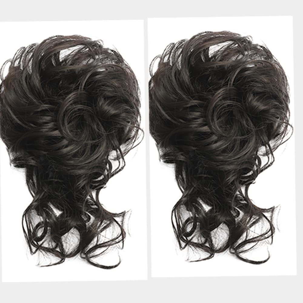 2PCS Messy Bun Hair Piece, QIAORUIXIN Super Long Tousled Updo Hair Bun Extensions Wavy Wrap Ponytail Hairpieces Scrunchies with Elastic Band for Women Girls Nature Black