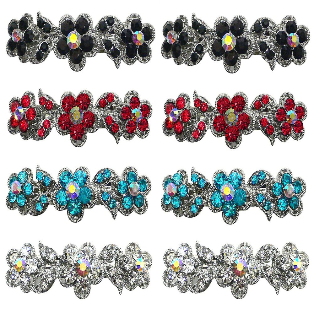 JCGY Set of 8 Hair Barrettes Small French Clip Barrettes Sparkly Crystals, 2 ea jetRedAquaCry -1338-jet224