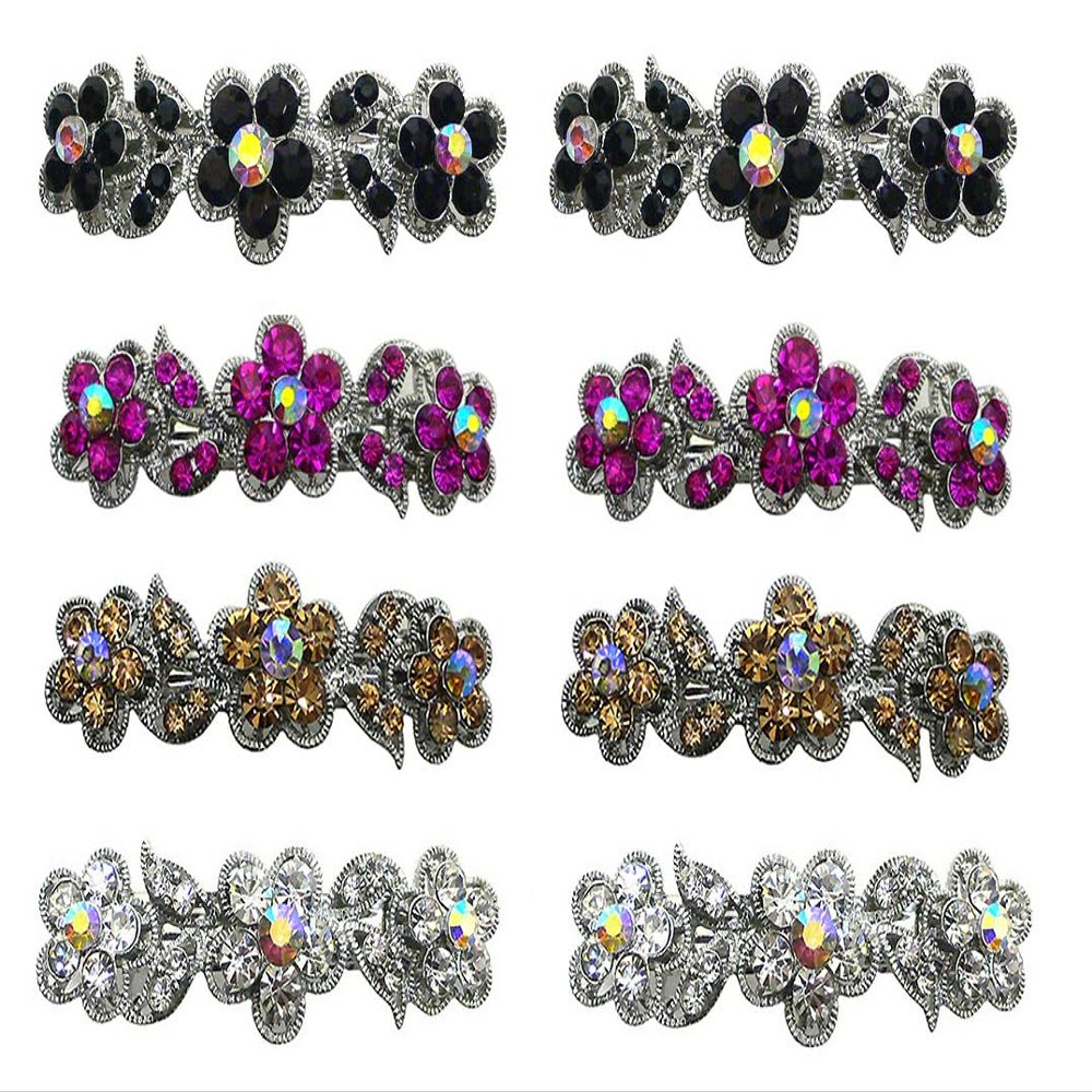 JCGY Set of 8 Hair Barrettes Small French Clip Barrettes Sparkly Crystals 2 ea jetFuAmberCab-1338-jet225