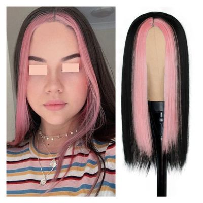 moisture Women Wig Hair Replacement Wigs Long Straight Synthetic Wig Light Blue Wigs for Women Mixed Black and Blonde Wig Middle Part Nature Hair Synthetic Wigs for Women (Color : C, Size : 26inches)