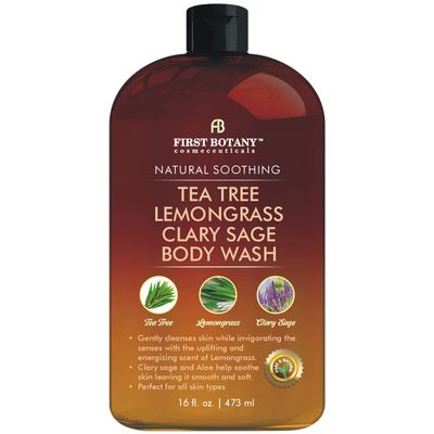 First Botany, ALL Natural Body Wash, Fights Body Odor, Athlete's Foot, Jock Itch, Dandruff, Acne, Eczema, Shower Gel for Women & Men, Skin Cleanser -16 fl oz (Tea Tree, Lemon Grass, Clary Sage)