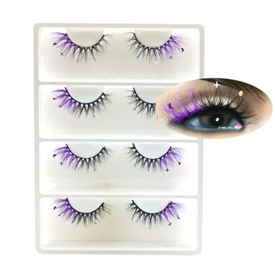 FQNing Glitter Eyelashes Sequins Moon Star Rhinestone Purple Color Lash Wispy 4 pairs for Ball, Dance, Party, Games (Purple Moon&Star)
