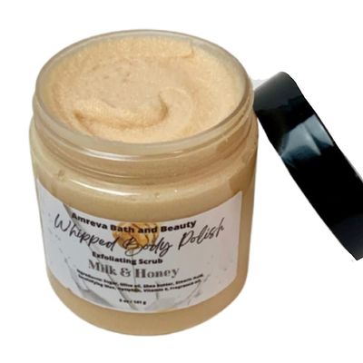 Amreva Bath and Beauty Exfoliating Body Scrub, Shea Butter Whipped Sugar Body Polish, (Milk & Honey)