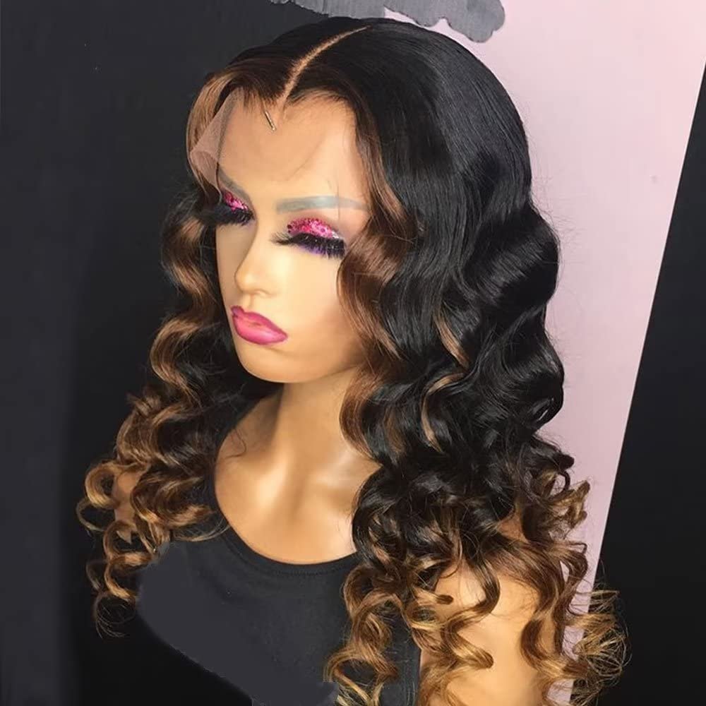 Highlight Ombre 1b/30 Blonde Colored HD Transparent Lace Front Wig Human Hair Wig For Black Women 13x6 Brazilian Loose Wave Pre Plucked With Baby Hair Natural Hairline 150% Density 22Inch