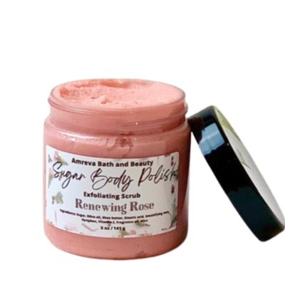 Amreva Bath and Beauty Exfoliating Body Scrub, Shea Butter Whipped Sugar Body Polish, (Renewing Rose)