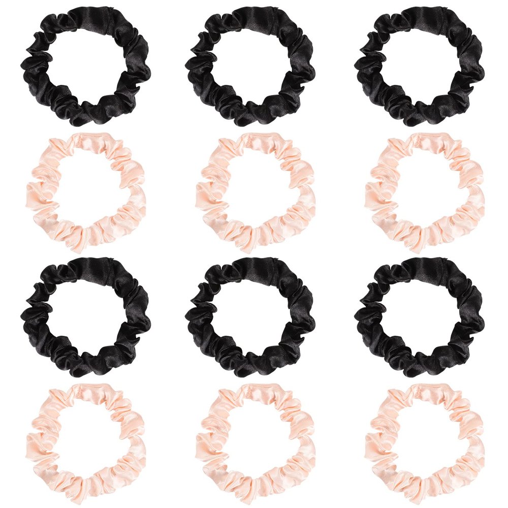 12Pcs Satin Elastic Hair Scrunchies, Silk Satin Hair Ties Elastics Ponytail Holders for Women Girls Valentine's Day Gifts (Blush,Black)