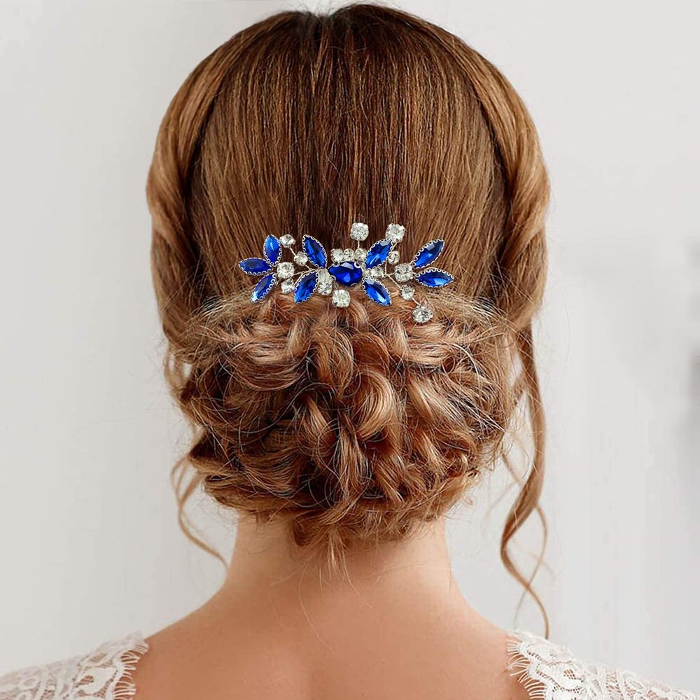 PRETTYLIFE Crystal Bride Wedding Hair Comb Silver Vine Bridal Hair Accessories Party Prom Hair Piece for Women and Girls (Royal Blue)