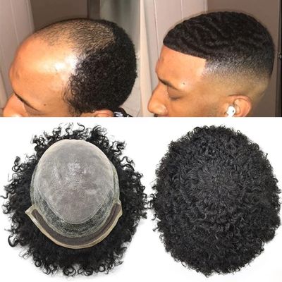 Afro Curly Toupee for Black Men HAIR WONDERS Lace Front Natural Hairline Kinky Curly Men Hair Systems 8x10 inch Injected PU Skin with Breathable Holes Base Afro Men Toupee Human Hair Replacement Man Wave Hair Unit for African American Men (10MM Wave,