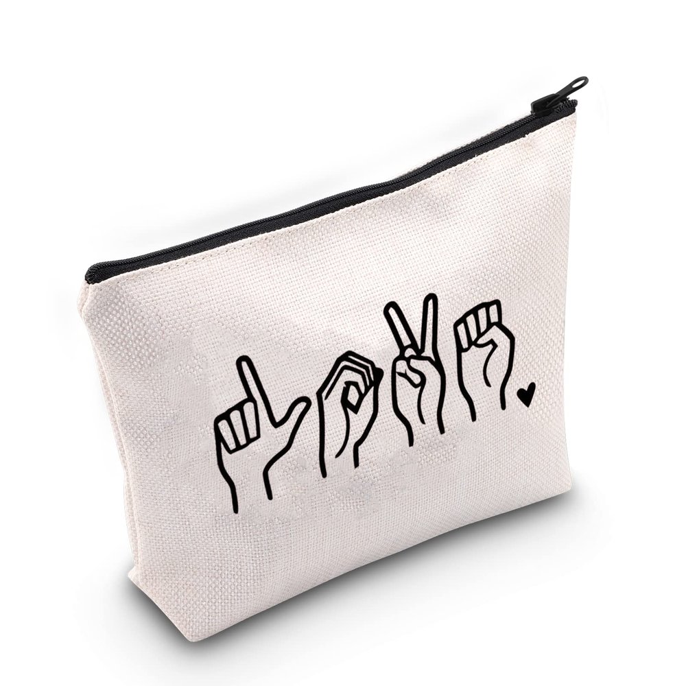 G2TUP American Sign Language Gift Love Sign Language Makeup Bag ASL Cosmetic Bag ASL Teacher Thank You Gift Deaf Community Gift Zipper Travel Bag (Love Sign Language White Bag)