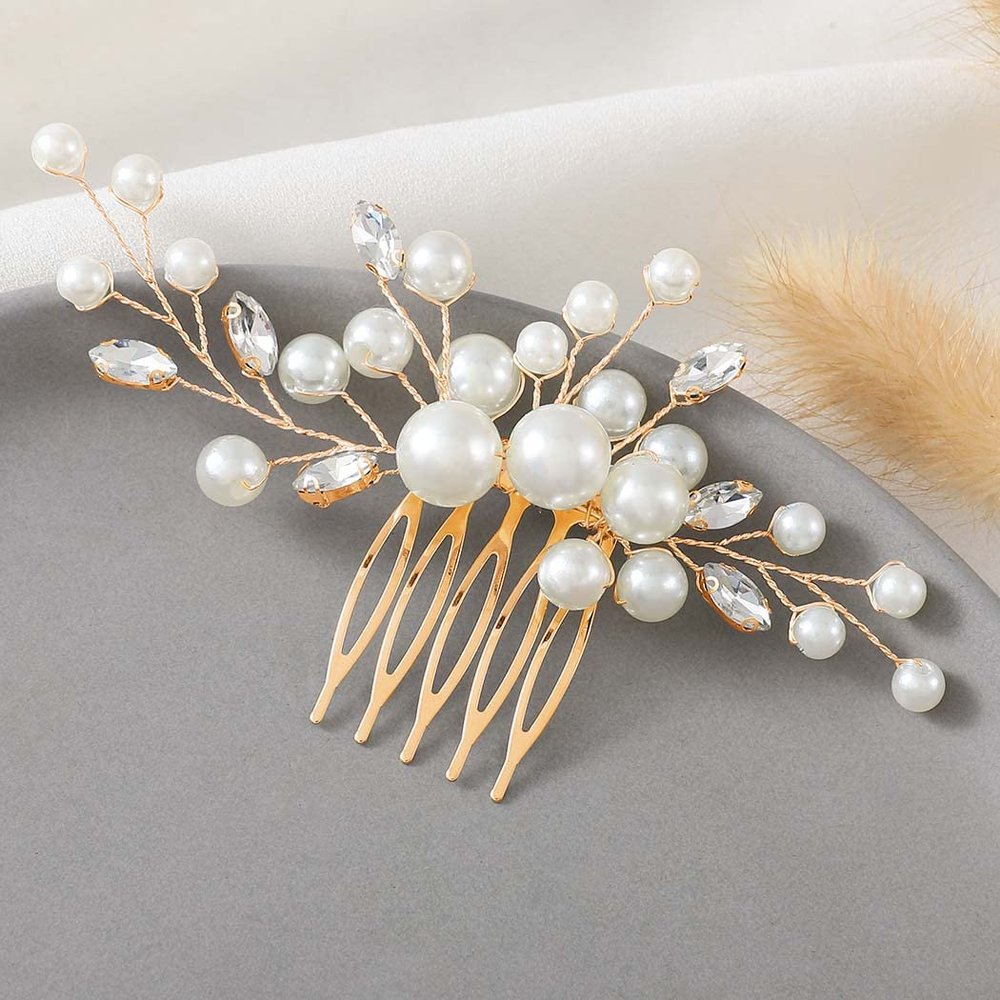 Latious Wedding Pearl Hair Comb Gold Rhinestone Bridal Hair Clips Crystal Hair Pieces Accessories for Women and Brides (T- Gold)