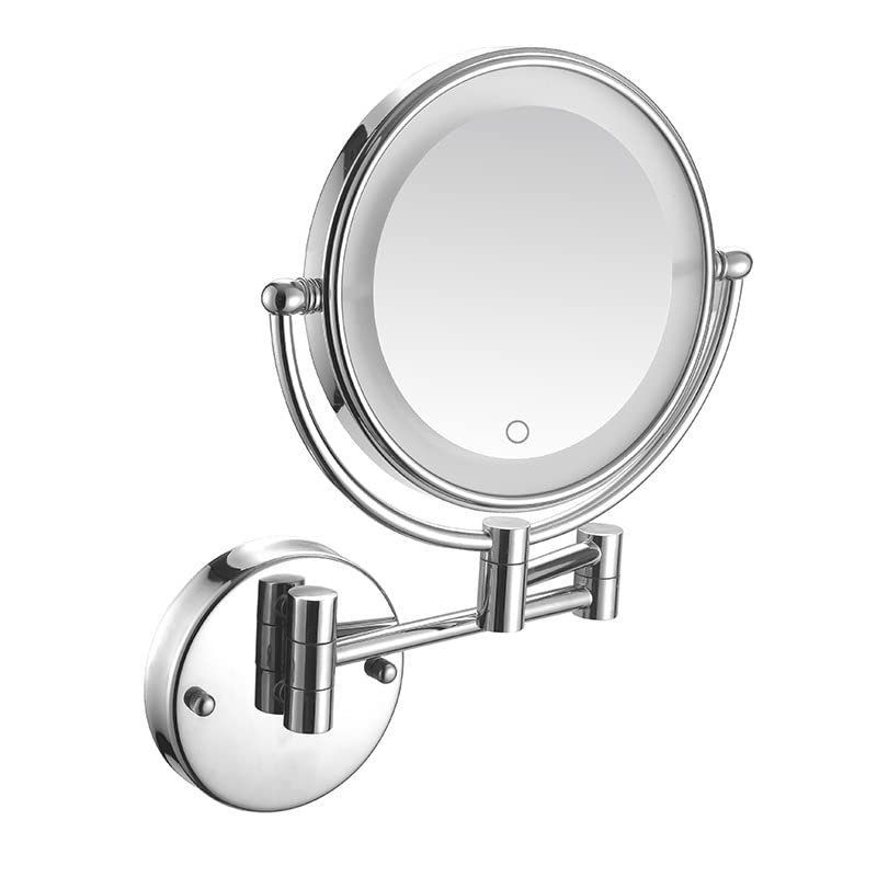 BhjKL Makeup Mirror Wall Mounted with Lights, 8 Inch LED Makeup Mirror 7X Magnification, Vanity Mirror 360 Swivel Extendable, Suitable for Bedroom or Bathroom (Silver Plug PoweredX7)