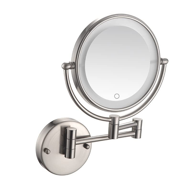 BhjKL Makeup Mirror Wall Mounted with Lights, 8 Inch LED Makeup Mirror 10x Magnification, Vanity Mirror 360 Swivel Extendable, Suitable for Bedroom or Bathroom (Nickel Wire Pull Direct WireX10)