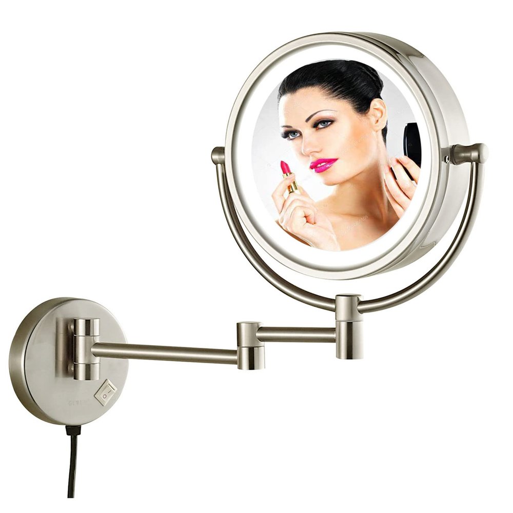 BhjKL Wall Mounted Makeup Mirror, Vanity Mirrors LED Lighted Magnification 360 Degree Rotation Double Sided for Bathroom or Bedroom (Brushed Nickel 10X)