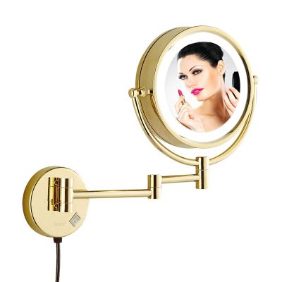 BhjKL Wall Mounted Makeup Mirror, Vanity Mirrors LED Lighted Magnification 360 Degree Rotation Double Sided for Bathroom or Bedroom (Gold 5X)