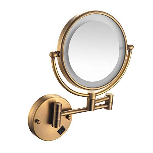 BhjKL LED Lighted Makeup Mirror Wall Mounted, Cosmetic Mirror Double Sided 360 Extendable Arm Mirror, 8 Inch Round, for Bathroom or Bedroom (Antique Copper Plug in 3X)