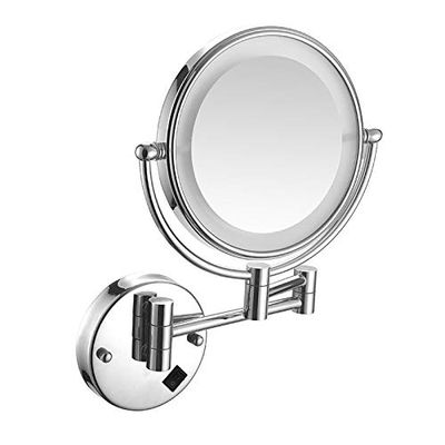 BhjKL LED Lighted Makeup Mirror Wall Mounted, Cosmetic Mirror Double Sided 360 Extendable Arm Mirror, 8 Inch Round, for Bathroom or Bedroom (Sliver hardwire 10X)