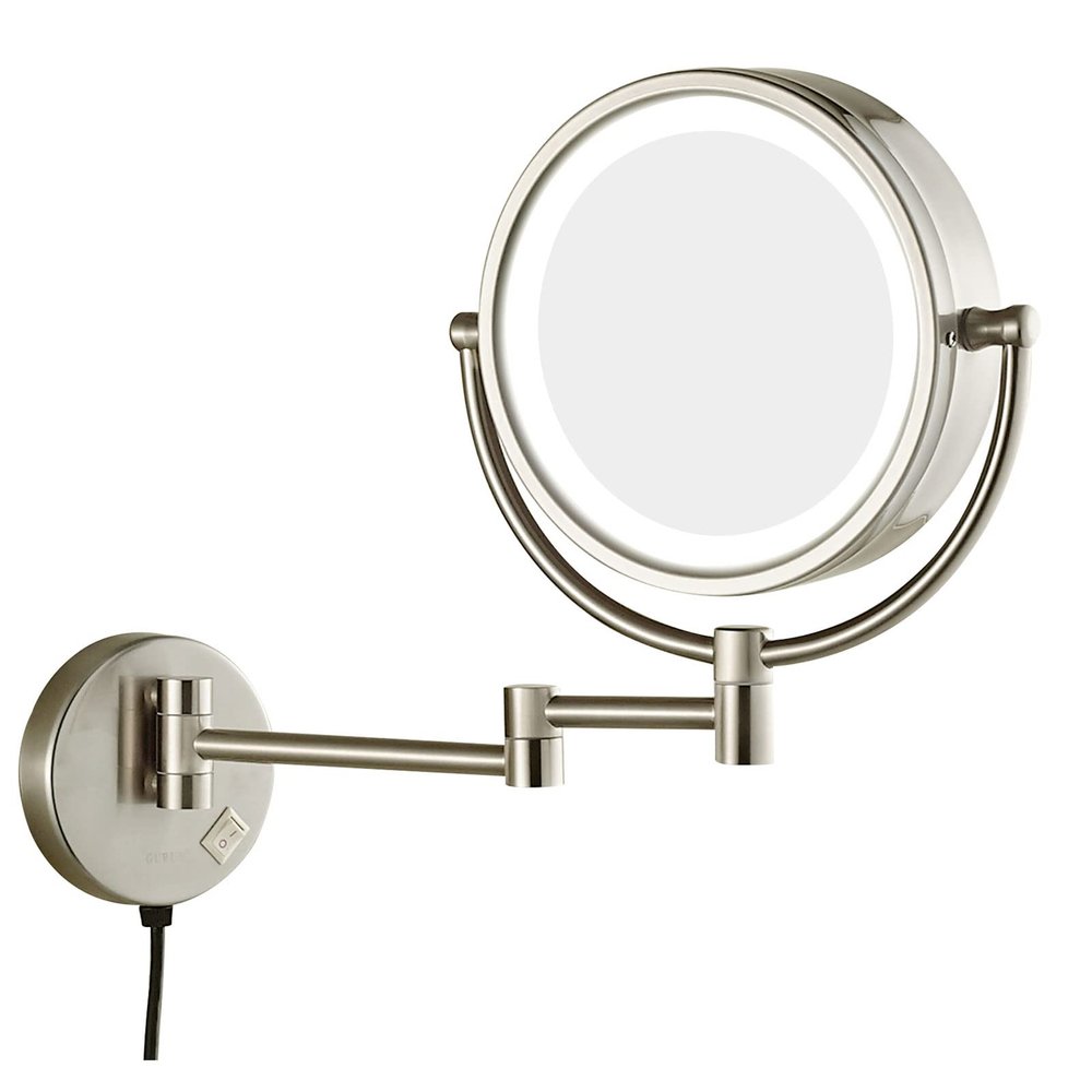 BhjKL Wall Mounted Makeup Mirror, LED Lighted Vanity Mirrors, 360 Rotation 8.5'' Double Sided Cosmetic Mirror, for Bathroom or Bedroom, Powered by Plug (Brushed Nickel 5X)