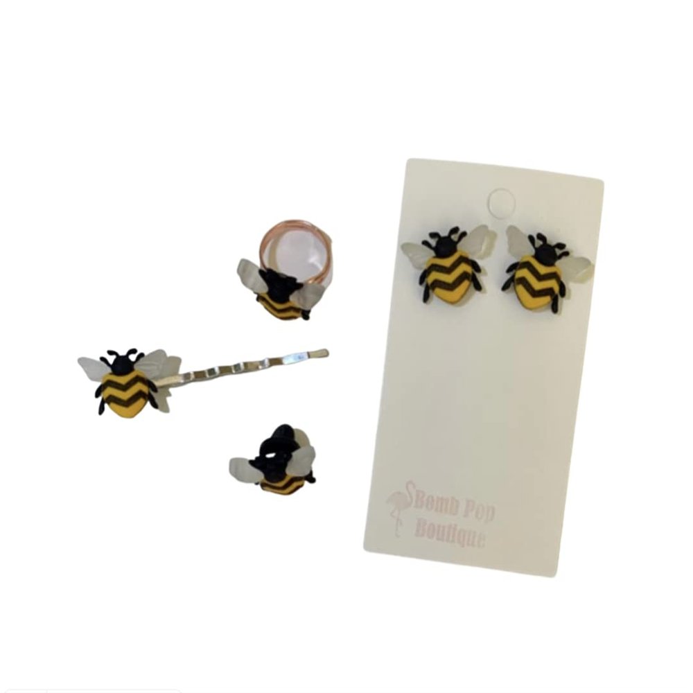 Honey Bees Bumble Bee Earrings Hair Clip Pin Ring Brooch - Garden Insect Jewelry Gift (Pinback Only)