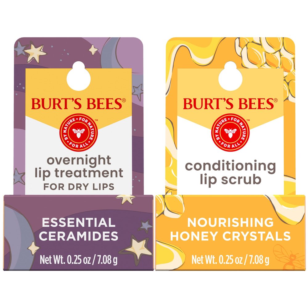 Burts Bees Conditioning Lip Scrub and Overnight Intensive Lip Treatment, With Ceramides, College Back to School Dorm Essentials, Exfoliates and Hydrates Lips 8 Hours, Natural Origin, 2 Jars, 0.25 oz