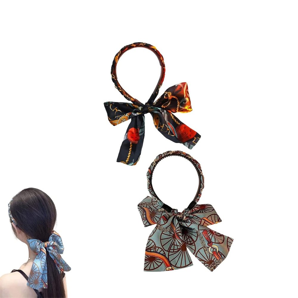 AHOMG Retro Long Ribbon Headband, 2PCS Scarf Non-Slip Satin Fabric Hair Bands Head Wrap for Women Girls (Black+Blue), Orange,Blue