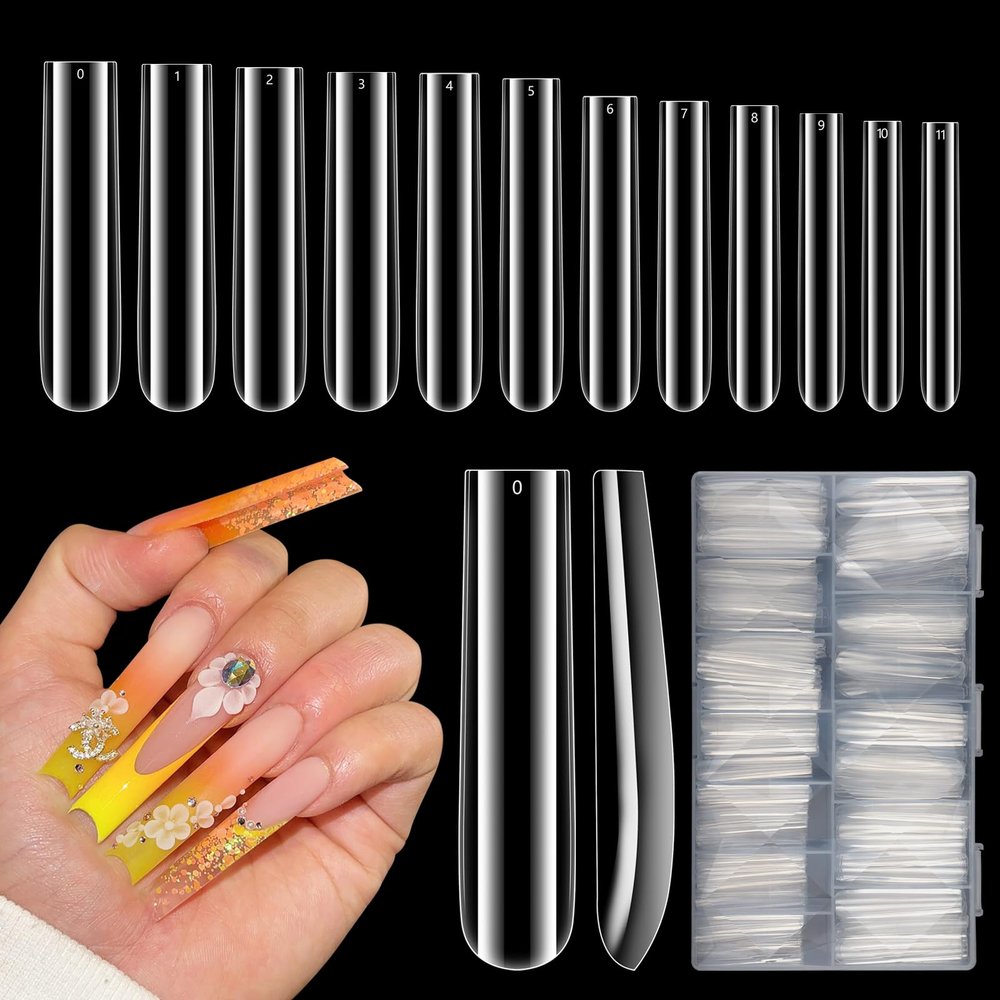 Quaferen Clear Square Nail Tips, 504Pcs XXXL Extra Long Tapered Square Straight Acrylic Nail Tips, Full Cover No C Curve Gel False Nail Extension Tips for Nail Art